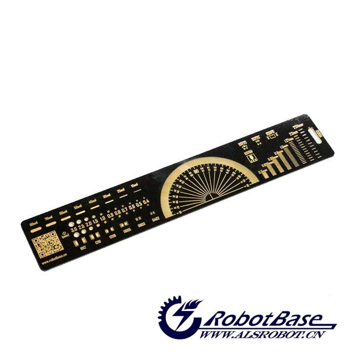 PCB直尺除了测量毫米和英寸尺寸的基本功能，它还集成了用于PCB设计的量角仪、器件、IC引脚间距对照表、电阻电容贴片封装、常用的钻孔直径参考、线宽尺寸参考等功能。