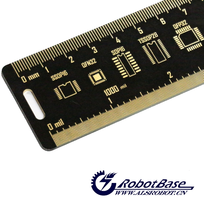 PCB直尺除了测量毫米和英寸尺寸的基本功能，它还集成了用于PCB设计的量角仪、器件、IC引脚间距对照表、电阻电容贴片封装、常用的钻孔直径参考、线宽尺寸参考等功能。