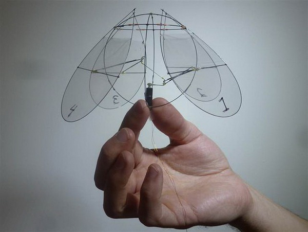 微型飞行机器人的飞行原理基于水母，外部的瓣状“翅膀”运动状态类似水母“喷”流前进