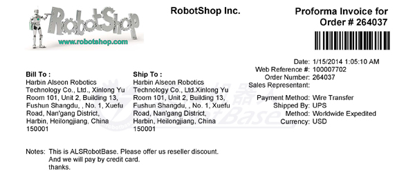 官方进口robotshop采购发票